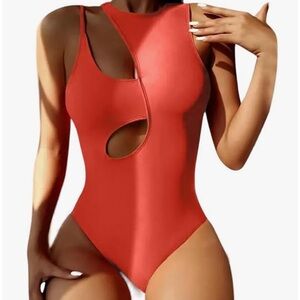 🩱NWT Rust Color Hilinker Women's Cutout Swimsuit High Waisted Monikini One Piece